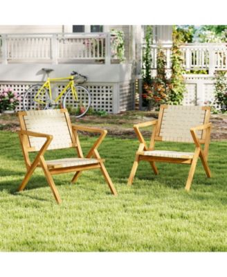 Teak Wood Patio Chair w/Webbing Seat & Backrest Mid-century Accent Chair