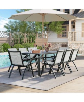 9-Piece Patio Dining Table Sets for 8, Outdoor Aluminum Frame Dining Furniture Set with Umbrella Hole Cut-Out Table, 8 Stirling Chairs