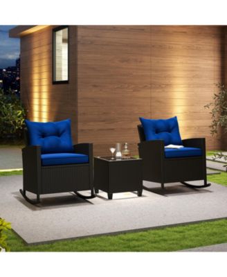 Set of 3 Wicker Rocking Set Tempered Glass Table Patio Outdoor