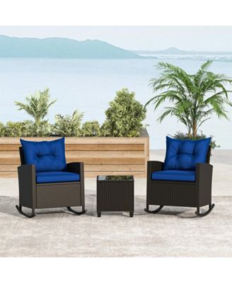 Set of 3 Wicker Rocking Set Tempered Glass Table Patio Outdoor