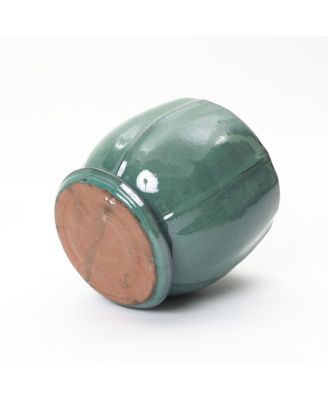 Glossy Gradient Teal Ceramic Planter, 13.4-Inch Tall Ridged Container with Connected Tray