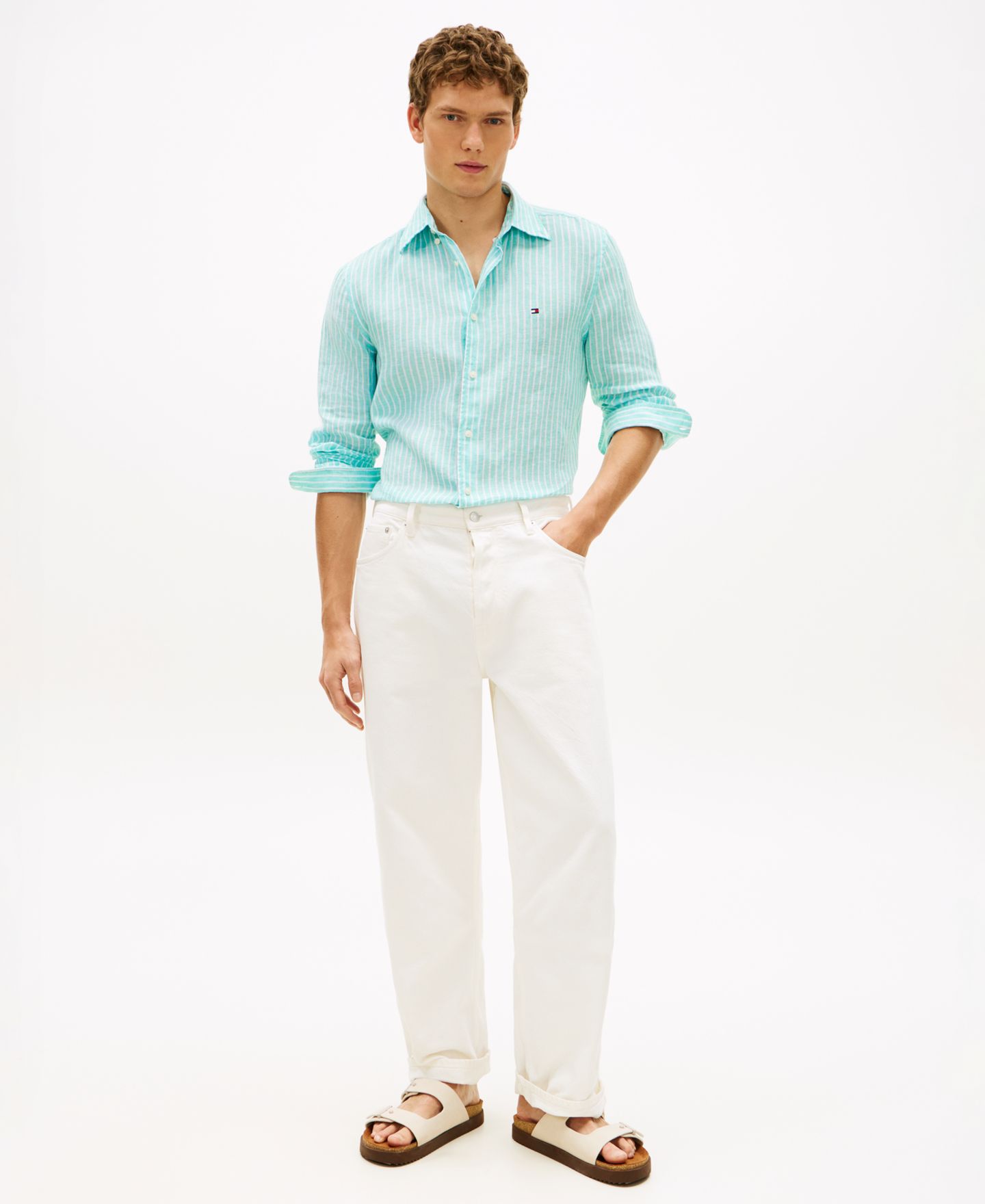 Мужская рубашка Tommy Hilfiger 100% Linen Bengal Stripe, цвет: Аквамариновый — фото 4