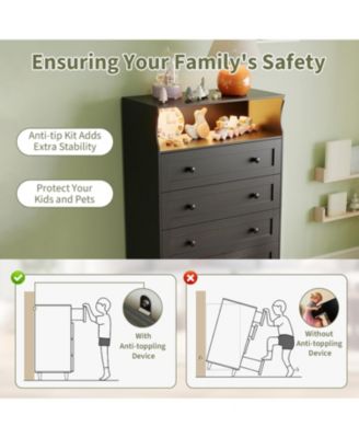 4 Drawer Wooden Nightstand for Bedside with LED Lights & Charging Station, Wood Chest of Drawers for Closet, Living Room, Hallway, Entryway