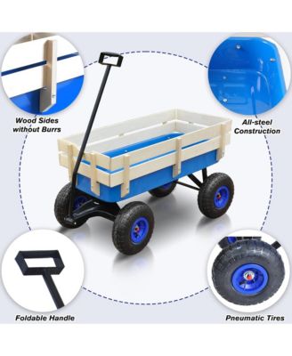 Heavy Duty Rolling Garden Wagon - Utility Cart with Wooden Side Panels, Air Tires Pulling and Wide Grip Handle for Grocery, Camping