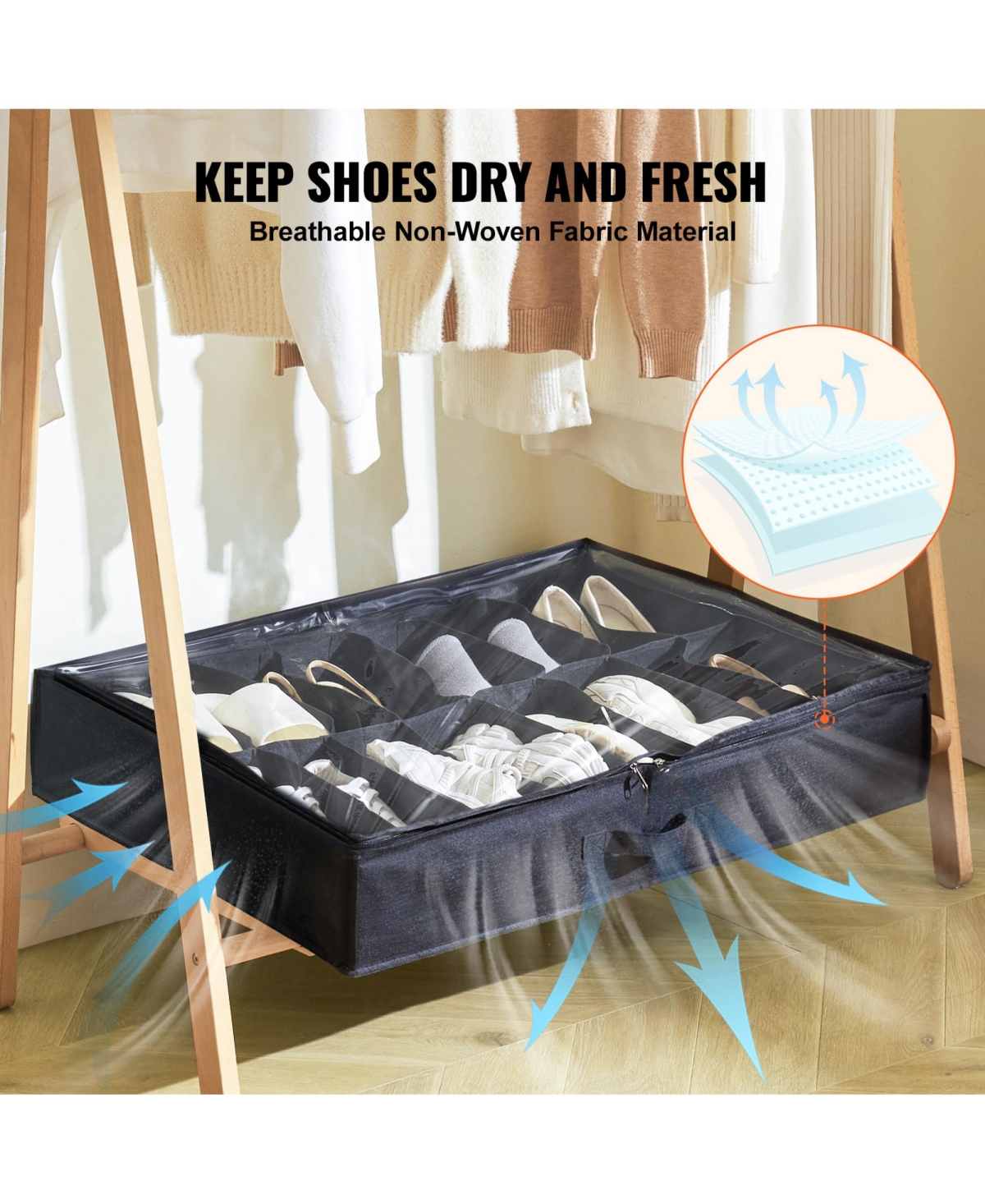 Rainsken Under Bed Shoe Storage Organizer Set of 2, Underbed Shoes Closet Storage with 32 Compartments and Clear Window for Bedroom