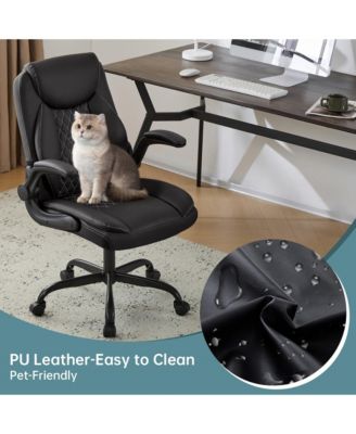 Ergonomic Leather Office Chair with Flip-Up Armrests, Lumbar Support, Swivel & Rocking – Home Office Desk Chair