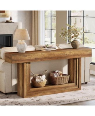 63" Narrow Console Table, 2-Tier Long Entryway Table, Farnhouse Console Behind Couch, Brown