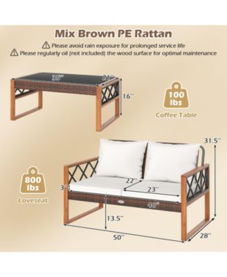 2 Pieces Patio PE Wicker Furniture Set Outdoor Acacia Wood Loveseat for Porch