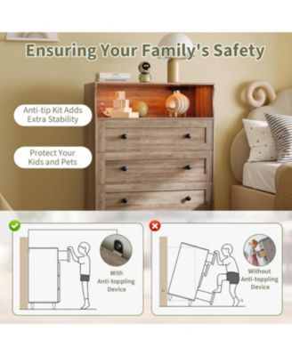 4-Drawer Dresser with Charging Station & LED Light, Skinny Vertical Chest with Open Shelf, Bedroom Dresser for Closet