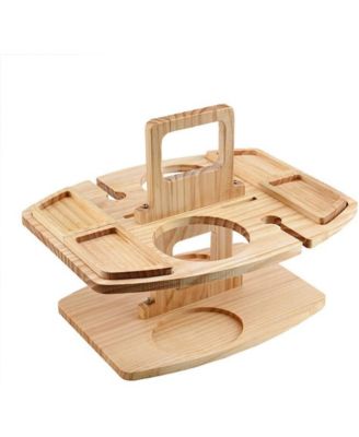 Portable Wooden Picnic Table for Outdoor Use - Removable Wine Glass Holder - Snack Serving Tray - Carrying Handle for Easy Transport Wood