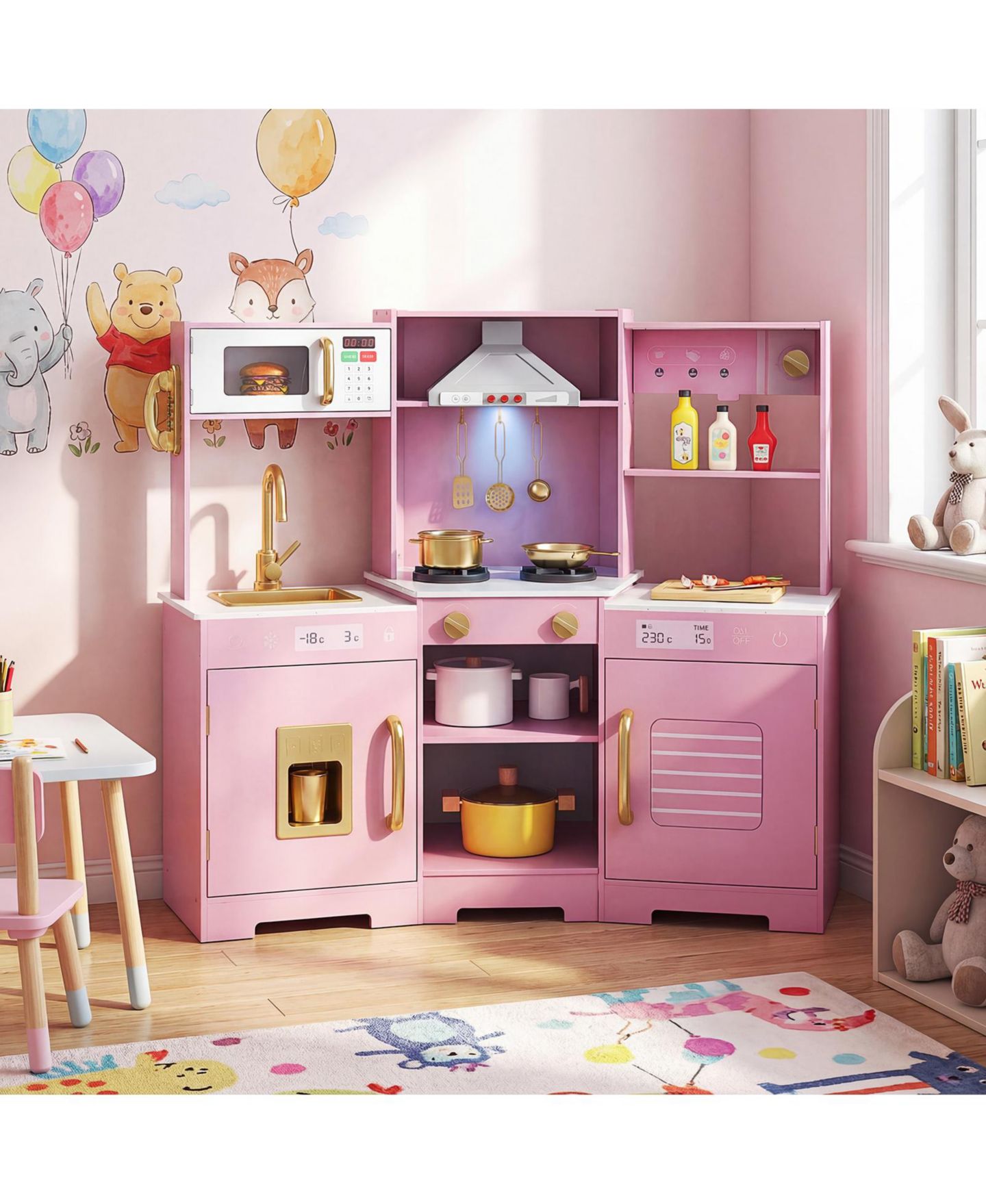 Детский игровой набор Mecale Lights & Sounds Wooden Play Kitchen Playset, Ages 3+, цвет: Розовый — фото 2