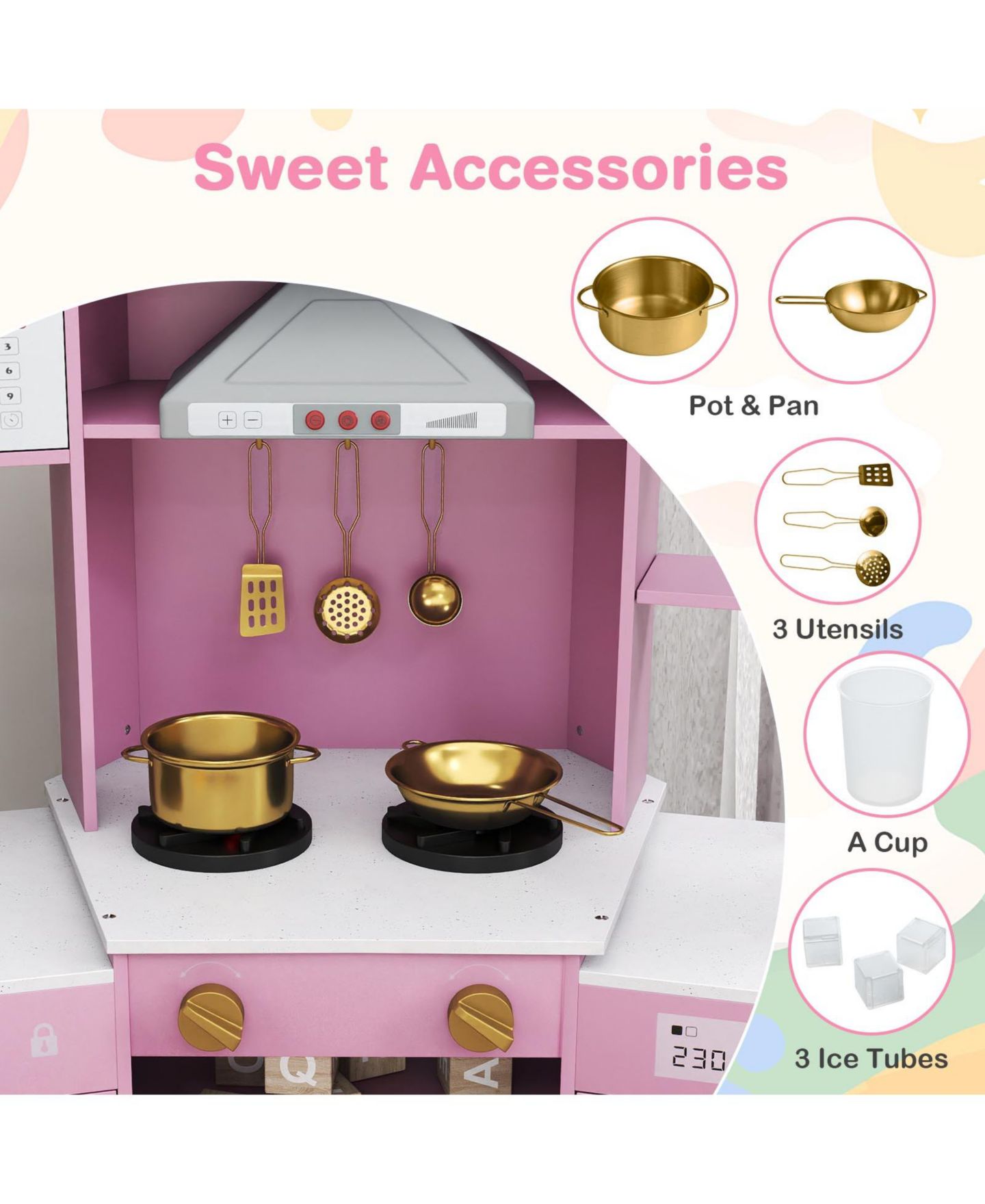 Детский игровой набор Mecale Lights & Sounds Wooden Play Kitchen Playset, Ages 3+, цвет: Розовый — фото 11