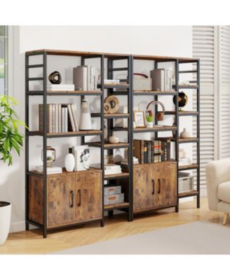 Double Wide 8-Tier Bookshelf with 2-Door Cabinet for Living Room Home Office-Rustic