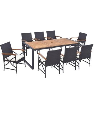 9 PCS Patio Rattan Dining Set w/ Acacia Wood Table 1.9'' Umbrella Hole