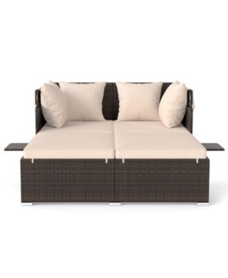 Patio Rattan Daybed Lounge Retractable Top Canopy Side Tables Cushions for Outdoor