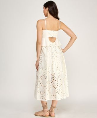 Juniors' Peplum Square Neck Top and Attached Eyelet Midi Skirt, 2-Piece Set