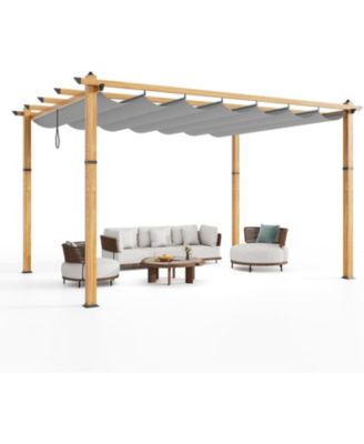 10x13 ft Outdoor Aluminum Pergola with Retractable Canopy, Faux Wood Grain Patio Gazebo, Backyard Deck