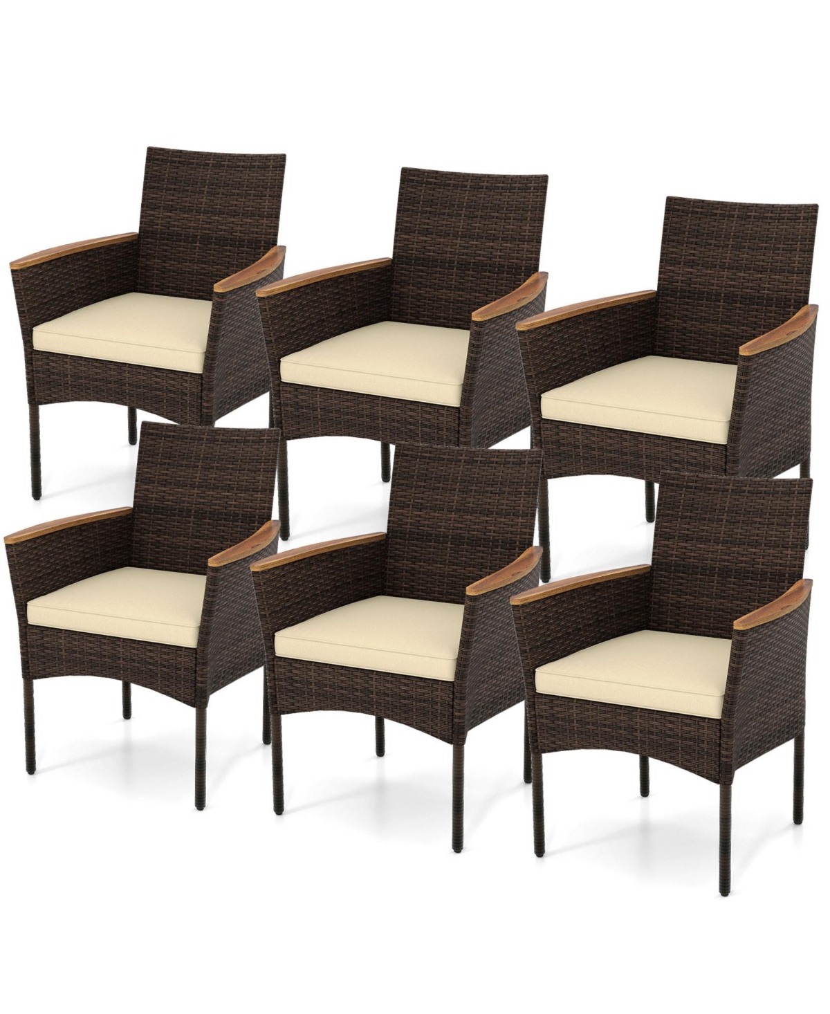 Gymax Patio Wicker Chairs 6 Pcs w/Steel Frame & Soft Cushions Armrests Outdoor