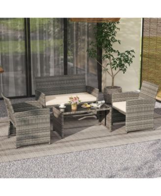 4PCS Patio Outdoor Conversation Set w/Seat Cushions & Tempered Glass Tabletop