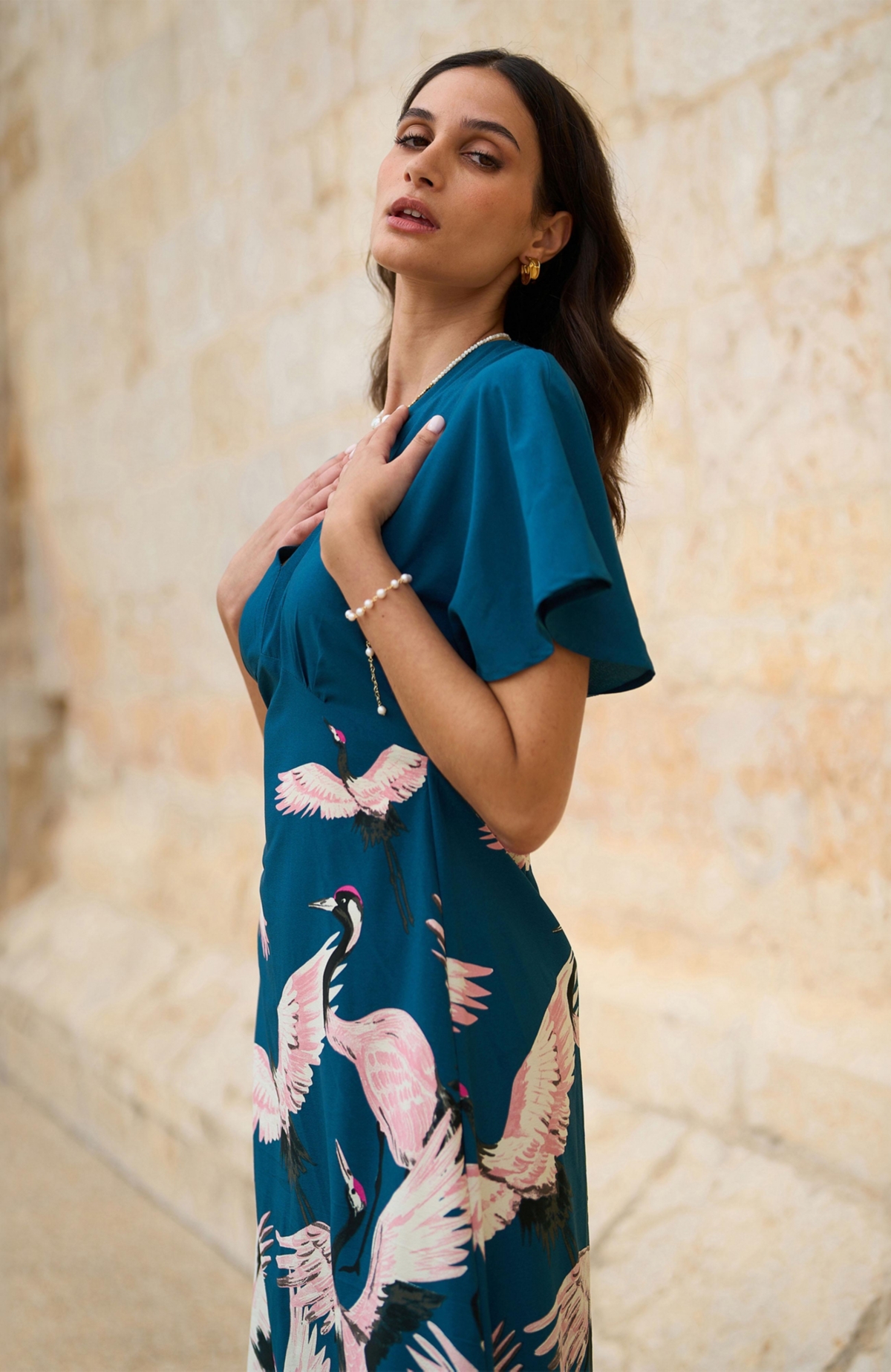 Yumi Women's Crane Print Kimono Midi Dress