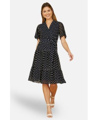 Women's Dot Print Mesh Stretch Midi Skater Dress