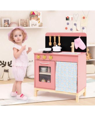Play Kitchen for Kids, Wooden Kitchen Playset with Door Curtain for Role-Playing Fun