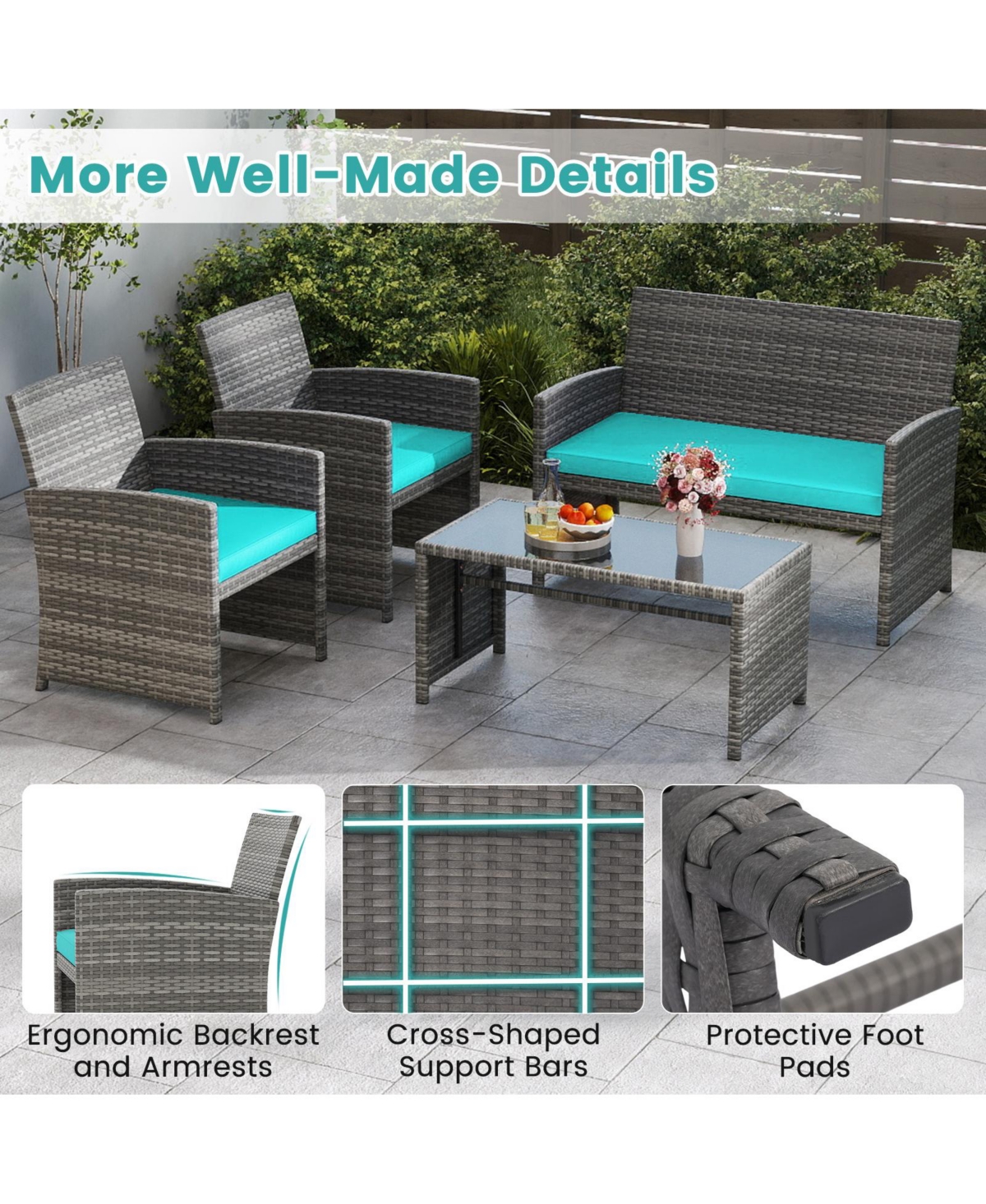 Gymax 8PCS Patio Outdoor Conversation Set w/Seat Cushions & Tempered Glass Tabletop