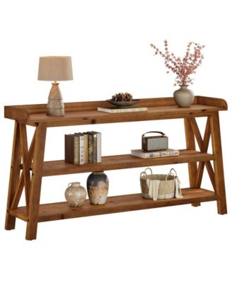 3-Tier Solid Wood Console Table with X-Shaped Frame, 63-Inch Farmhouse Entryway Table, Sofa Console Behind Couch