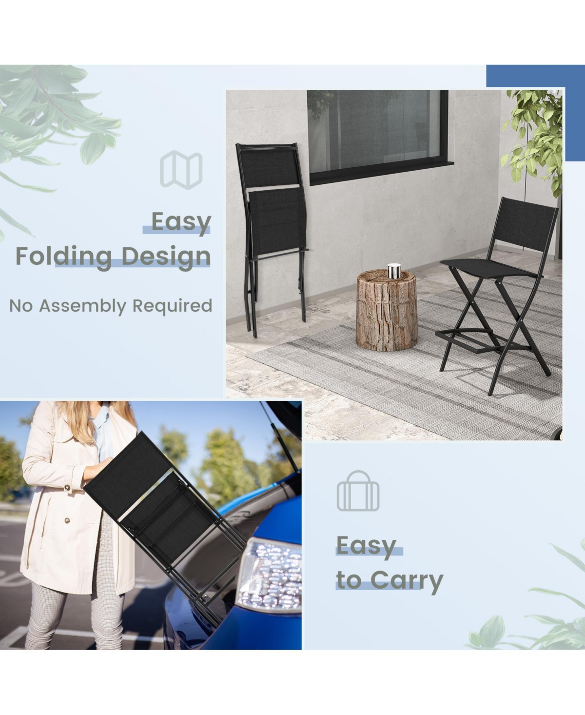 Gymax Folding Bar Stools Set of 2 Patio Sling Chairs Backrest Humanized Footrest