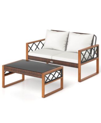 2 Pieces Patio PE Wicker Furniture Set Outdoor Acacia Wood Loveseat for Porch