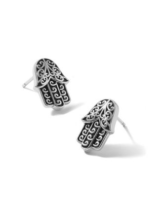 925 Sterling Silver Rhodium Plated Oxidized Hamsa Hand of God Stud Earrings 13x10mm 13.1mm long Stud Earring