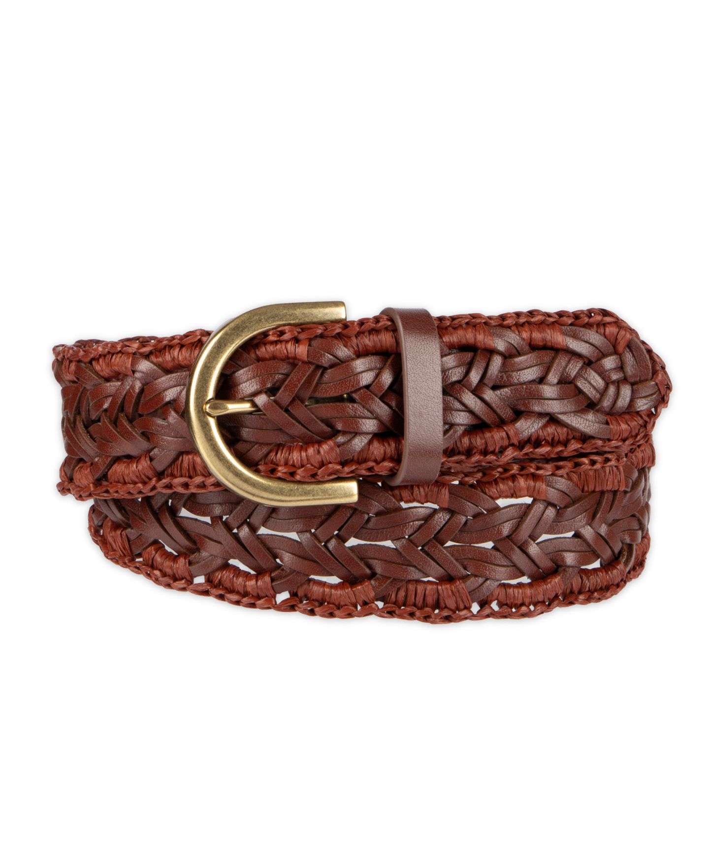 Женский ремень Cole Haan Fully Adjustable Raffia and Leather Braided, цвет: Коньячный — фото 1