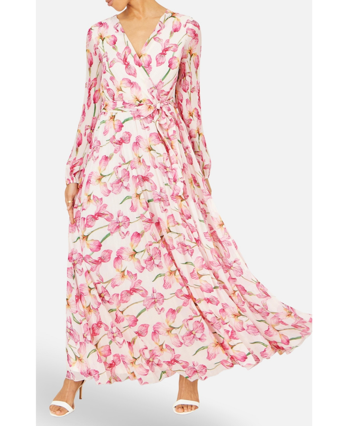 Yumi Women's Orchid Floral Pleated Wrap Maxi Dress