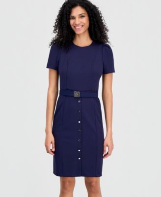 Women's Belted Puff-Sleeve Sheath Dress