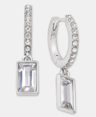 Silver-Tone Cubic Zirconia Huggie Drop Earrings