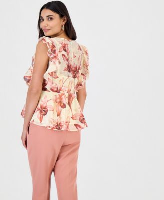 Petite Printed Ruffle-Sleeve Peplum Blouse