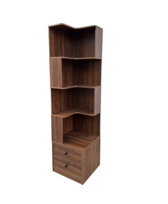 4 Tier Corner Bookshelf - L Shaped Bookcase, Freestanding Display Stand with Baffle, Led Lights and 2 Drawers for Living Room, Home Office