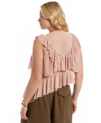 Women's Asymmetric Ruffle Mesh Top