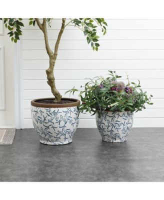 Blue Floral Ceramic Planter, 12.2" Round, Indoor & Outdoor Garden Pot