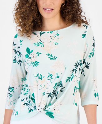 Petite Printed Asymmetric Twist-Front Top