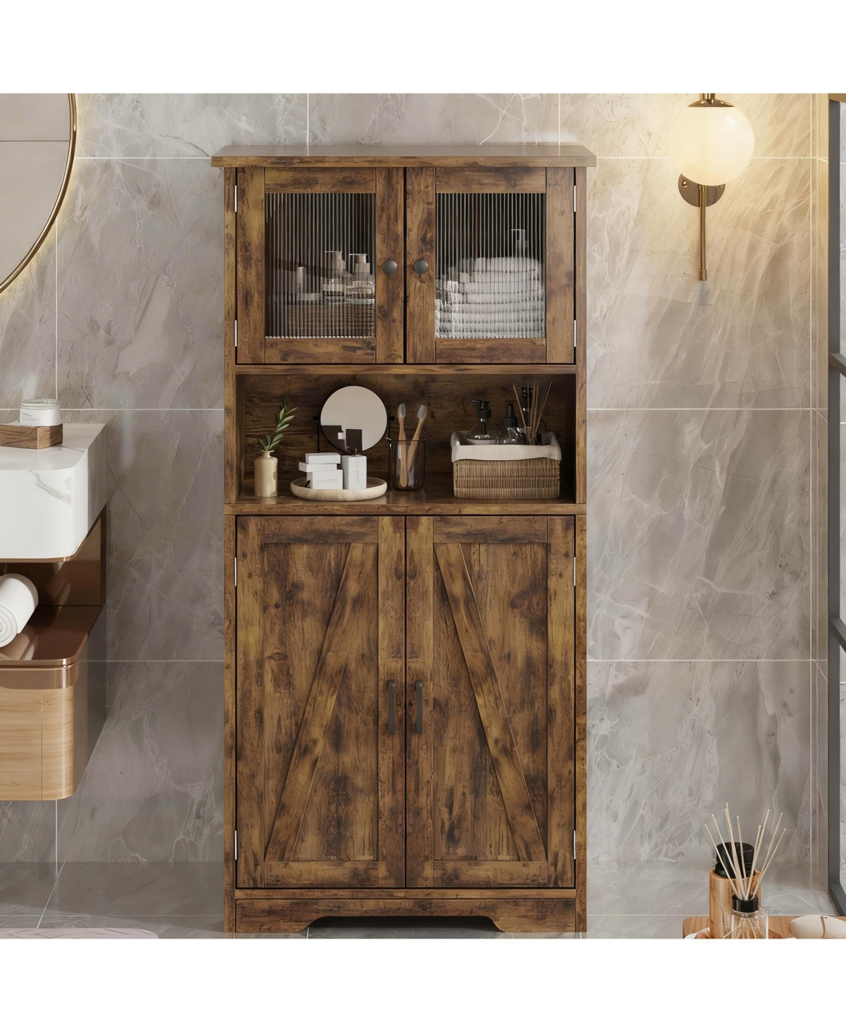 Yigii 4-Door Bathroom Cabinet with Adjustable Shelves for Kitchen or Living Room