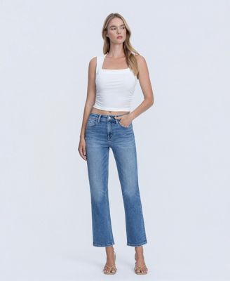 Women's High Rise Back Distressed Hem Ankle Straight Jeans