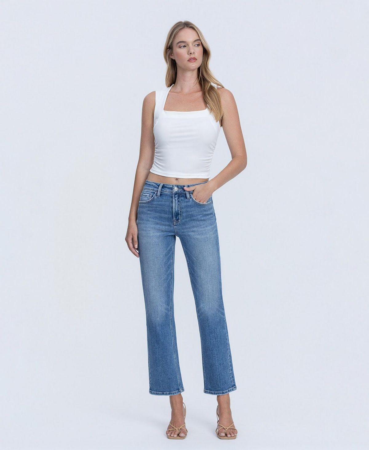 Flying Monkey Women's High Rise Back Distressed Hem Ankle Straight Jeans view 3 — MAYCSS fashion products