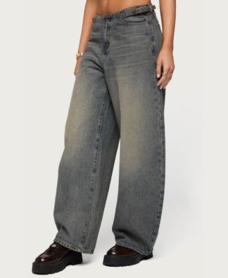 Women's Side Belt Low Rise Barrel Jeans
