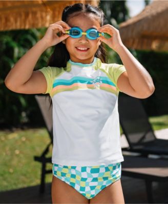 Girls Chlorine Resistant Short Sleeve Rash Guard 3 Piece Swimsuit Set