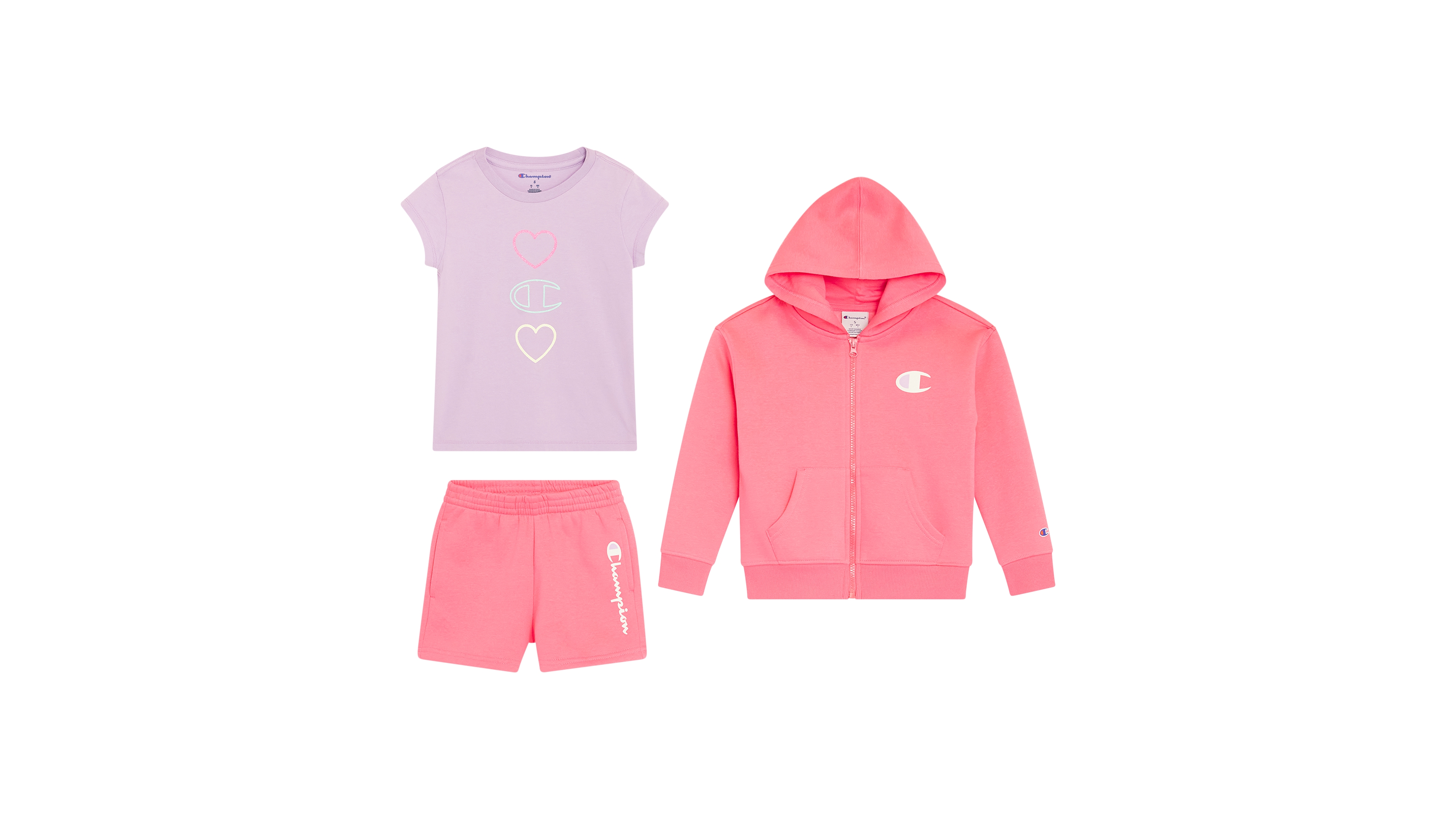 Champion Girls' 4-6X Logo T-Shirt, Zip Up Hoodie and Shorts, 3-Piece Set