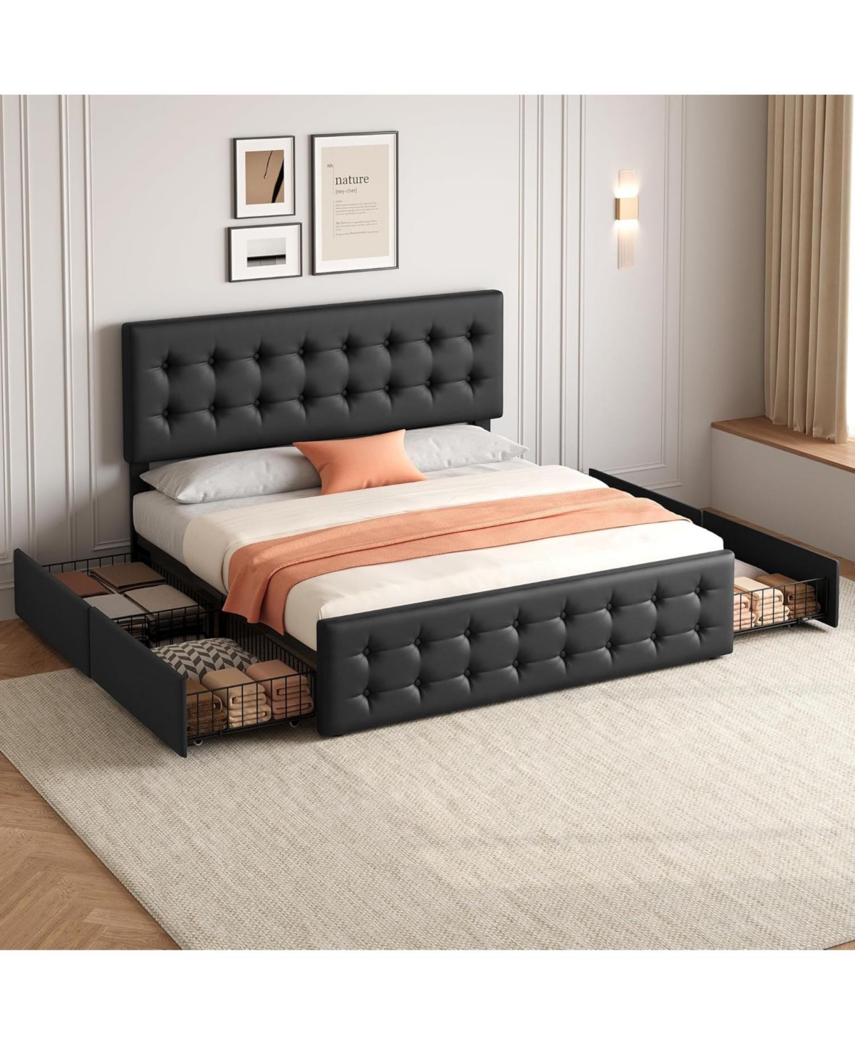 gaomon King Bed Frame with 4 Storage Drawers and Headboard, Button Tufted Design, No