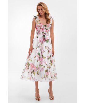 Womens Tender Floral Midi Tie-Strap Dress