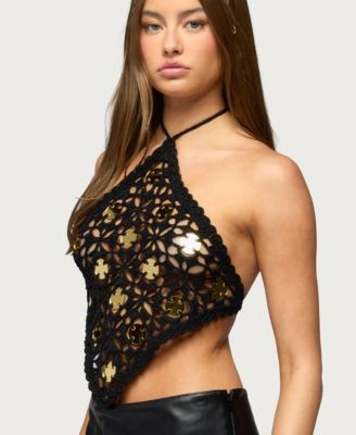 Women's Gold Mirror Backless Crochet Halter Top