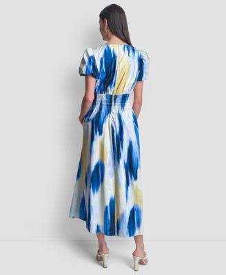 Women's Printed V-Neck Smocked Midi Dress